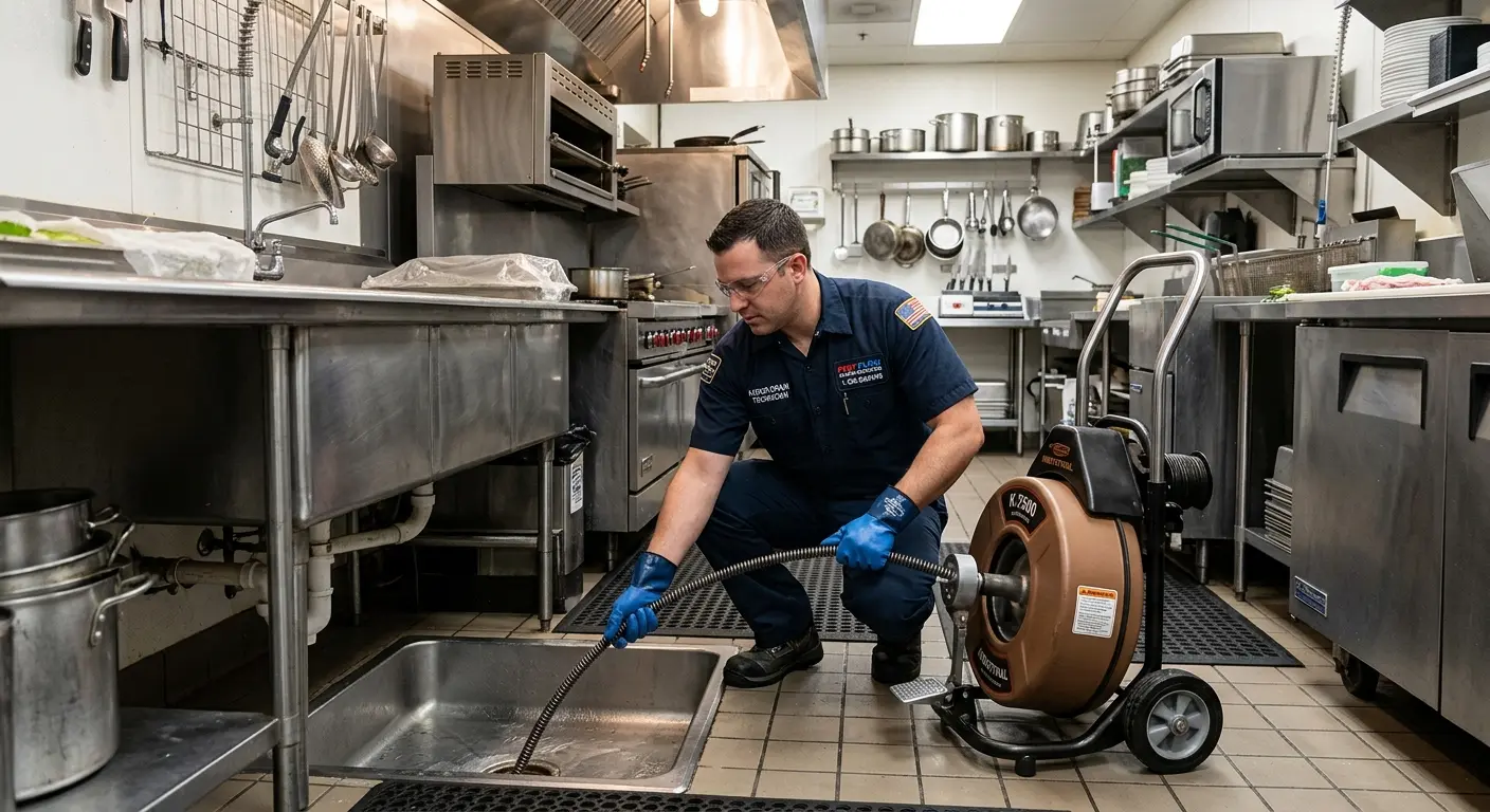 Commercial drain cleaning service in a restaurant kitchen in Lodi