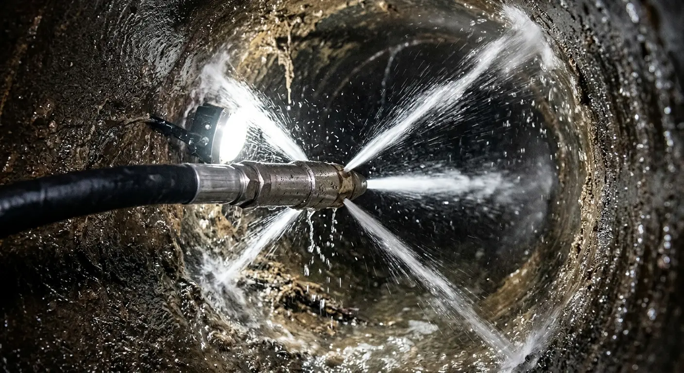 High-pressure hydro jetting nozzle cleaning sewer pipe for Trenchless Sewer Repair in Lodi
