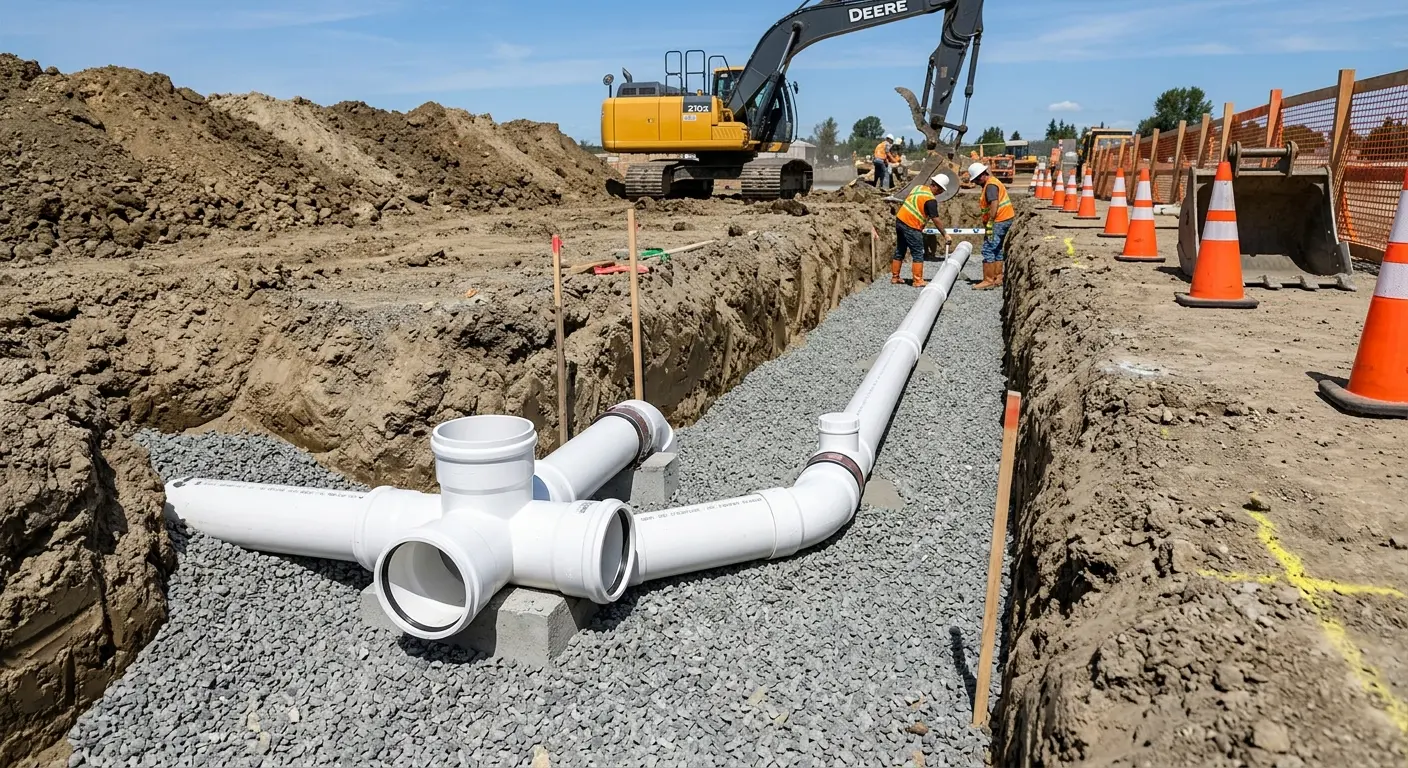 New PVC sewer pipe installation in open trench for Sewer Camera Inspection in Lodi