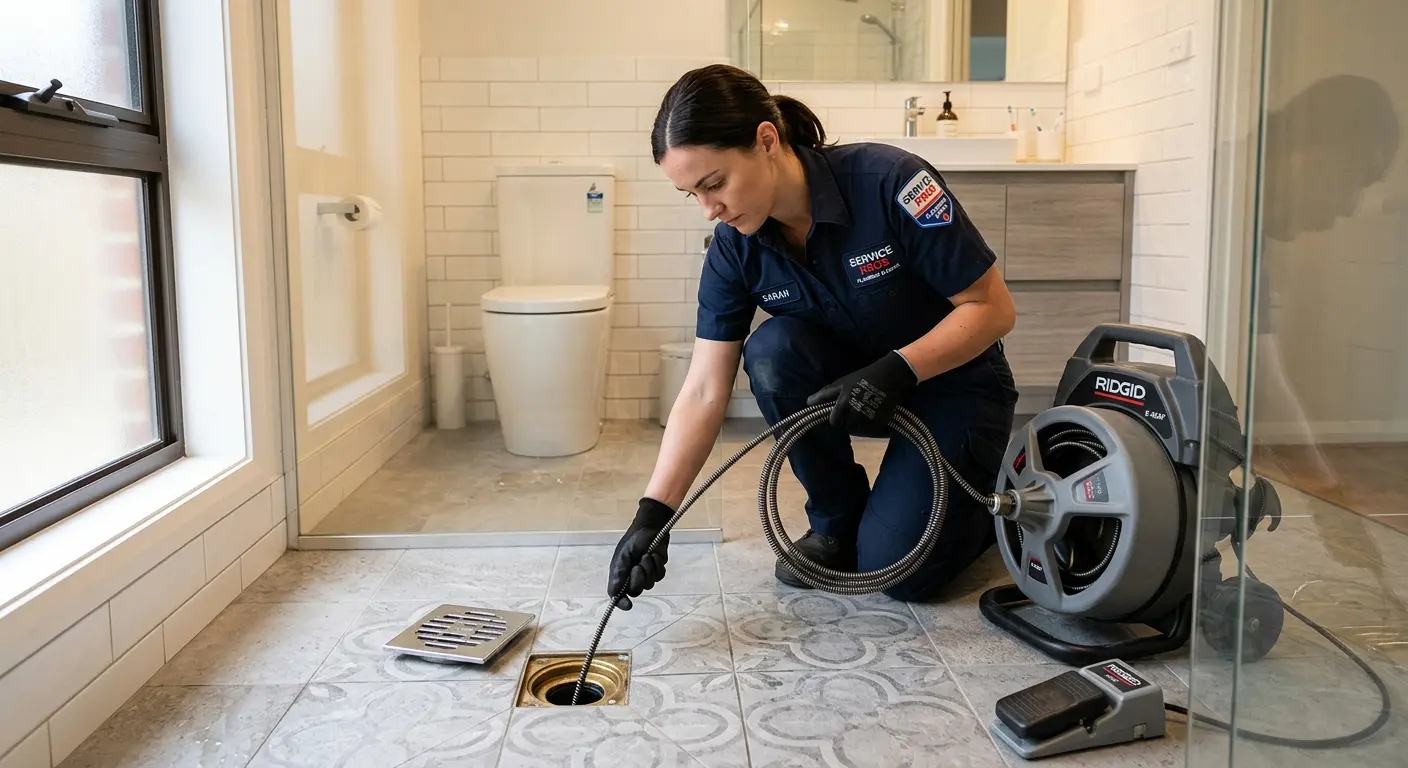 Technician clearing a bathroom floor drain for Drain Repair in Lodi